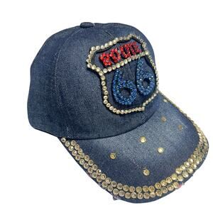 Route 66 Rhinestone Denim Baseball Cap Hat Red White Blue USA Trucker Bedazzled